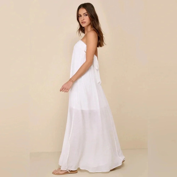 NWOT Lulus Adoring Sunshine White Crochet Tie-Back Strapless Maxi Dress - Picture 4 of 7